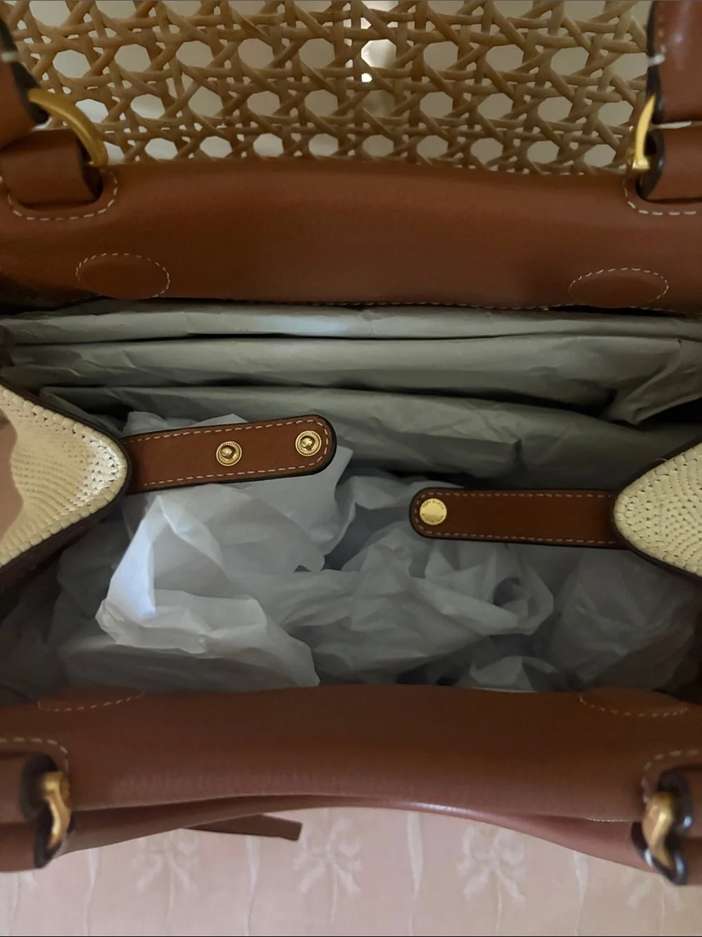 Tory Burch Brown Leather and Cream Woven Tote